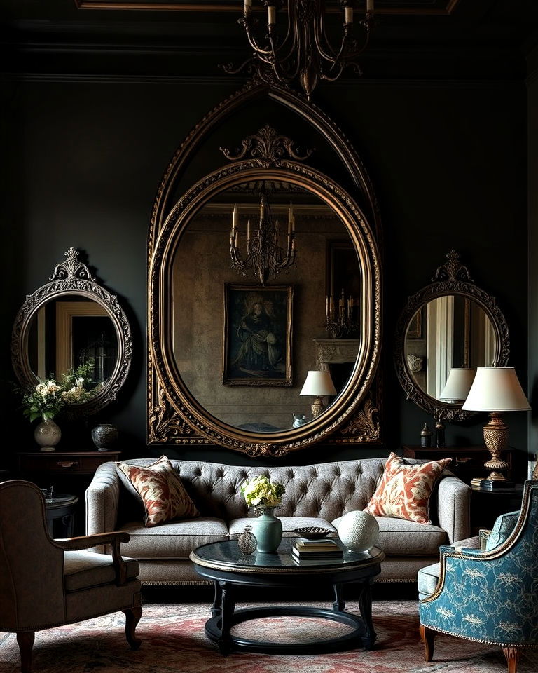 antique mirrors to add depth - 30 Witchy Living Room Ideas