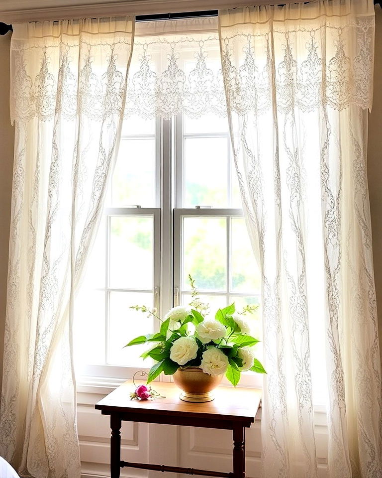 antique style lace curtains - 40 Farmhouse Window Treatment Ideas