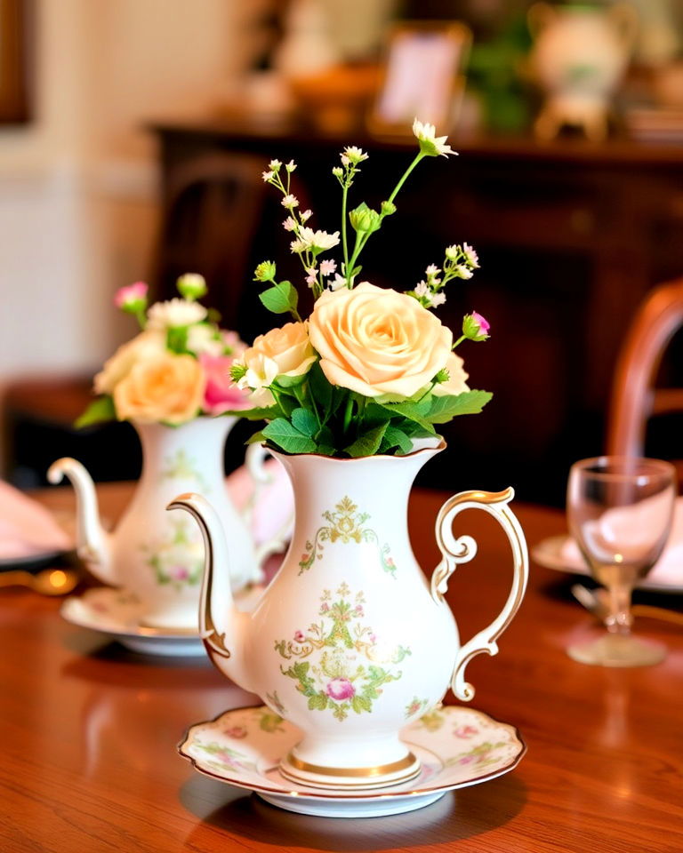 antique tea sets for floral arrangements - 30 Rehearsal Dinner Centerpiece Ideas