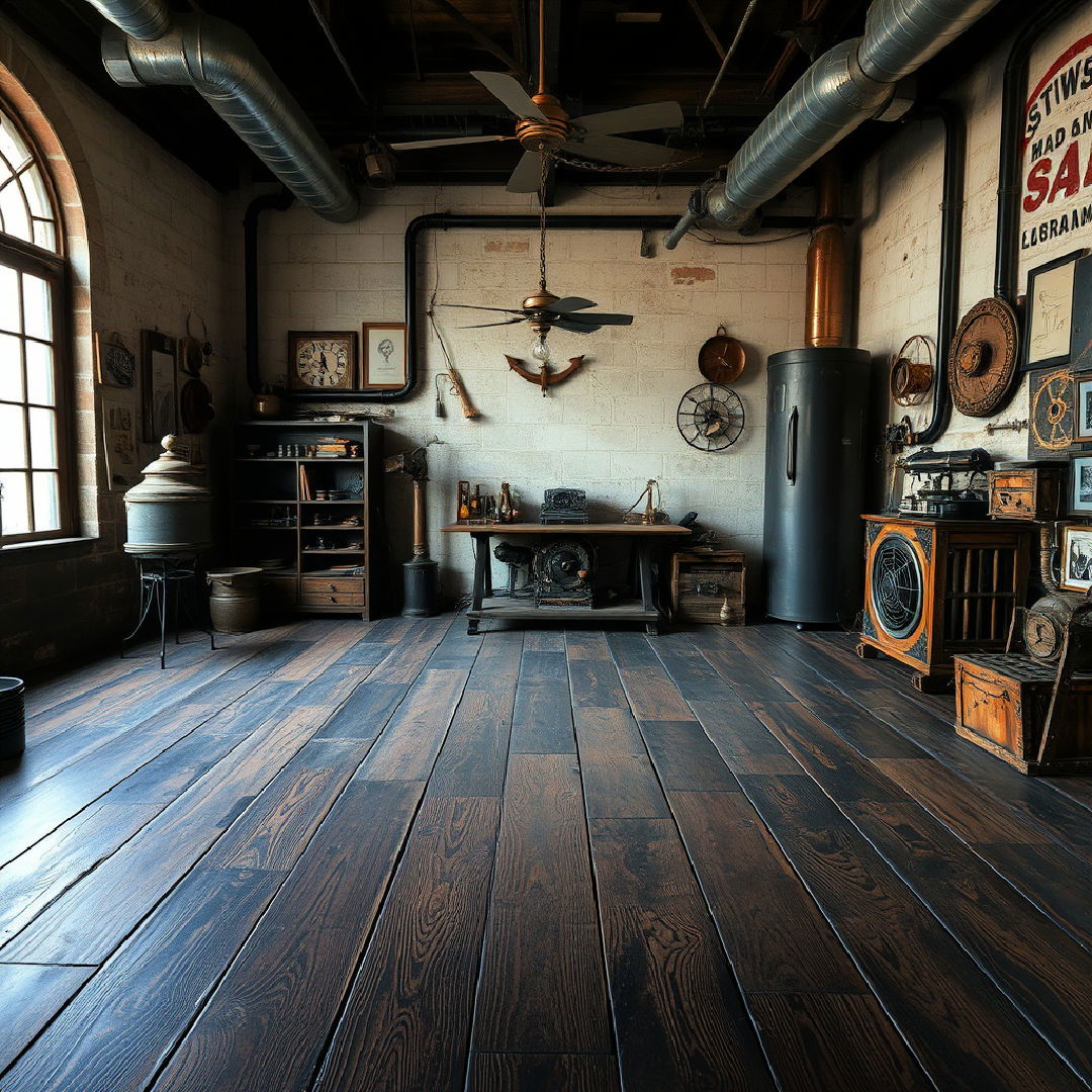 antique vibe distressed wood flooring - 25 Steampunk Interior Design Ideas
