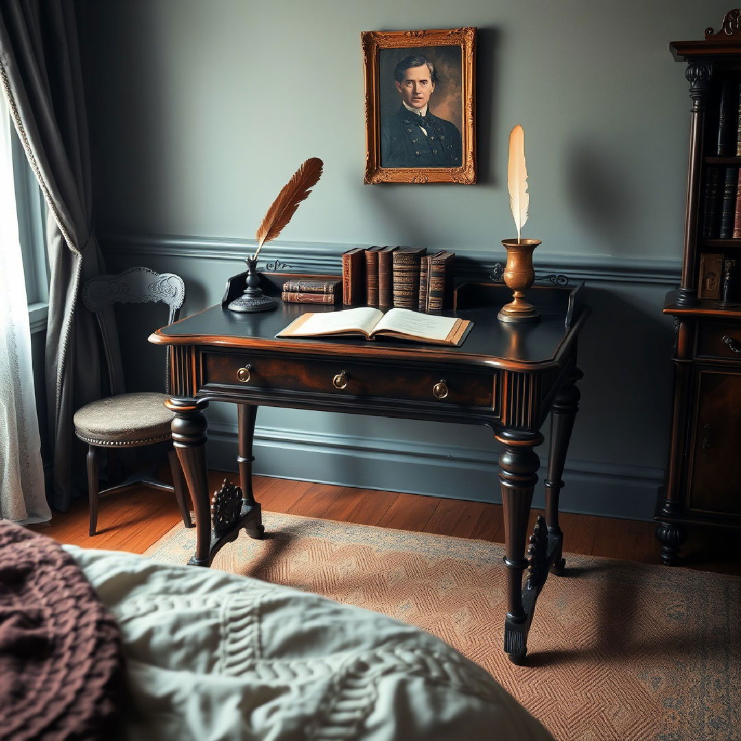 antique writing desk with quill and ink - 25 Dark Academia Bedroom Ideas