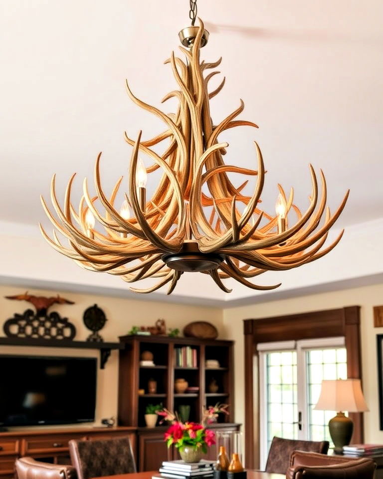 antler chandelier to add a touch of wilderness - 25 Hunting Room Ideas