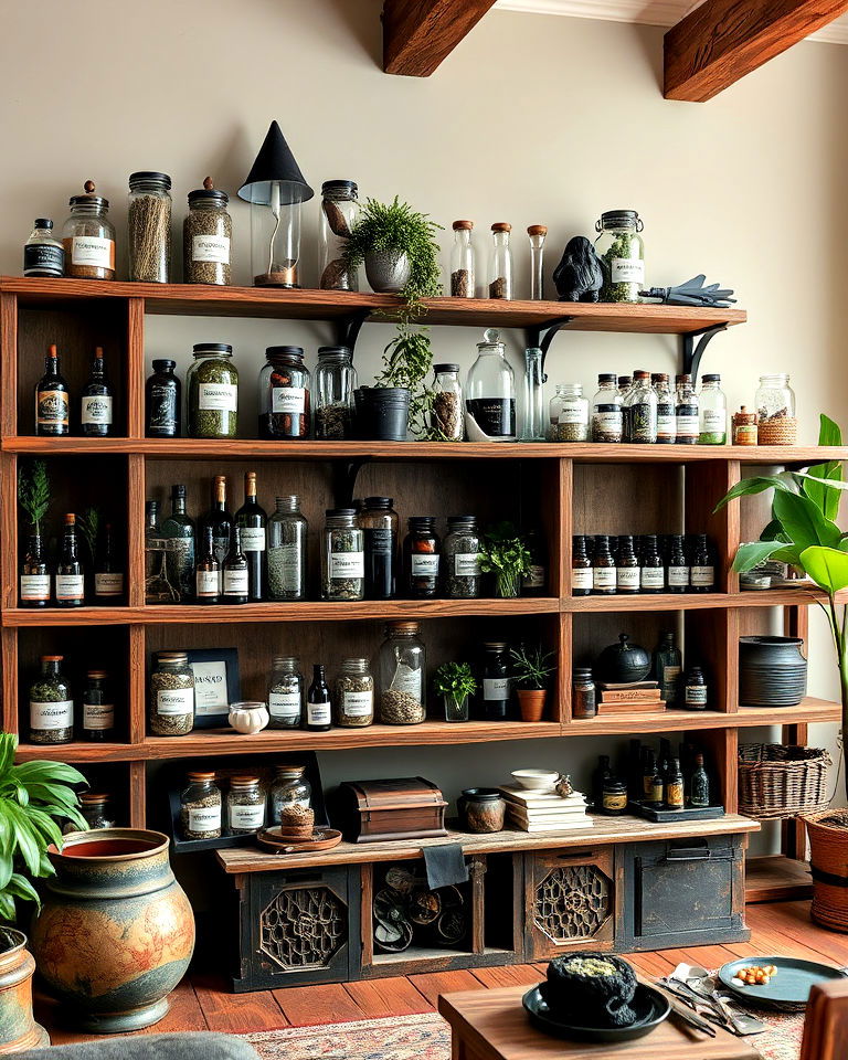 apothecary inspired shelves for witchy living room - 30 Witchy Living Room Ideas