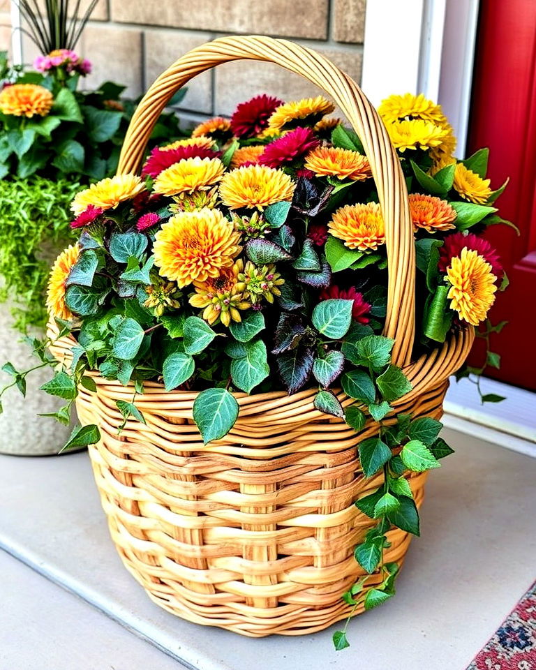 apple picking basket as planter - 40 Fall Planter Ideas