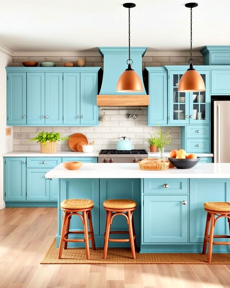 aqua blue farmhouse kitchen cabinets with natural textures - 30 Blue Farmhouse Kitchen Cabinets