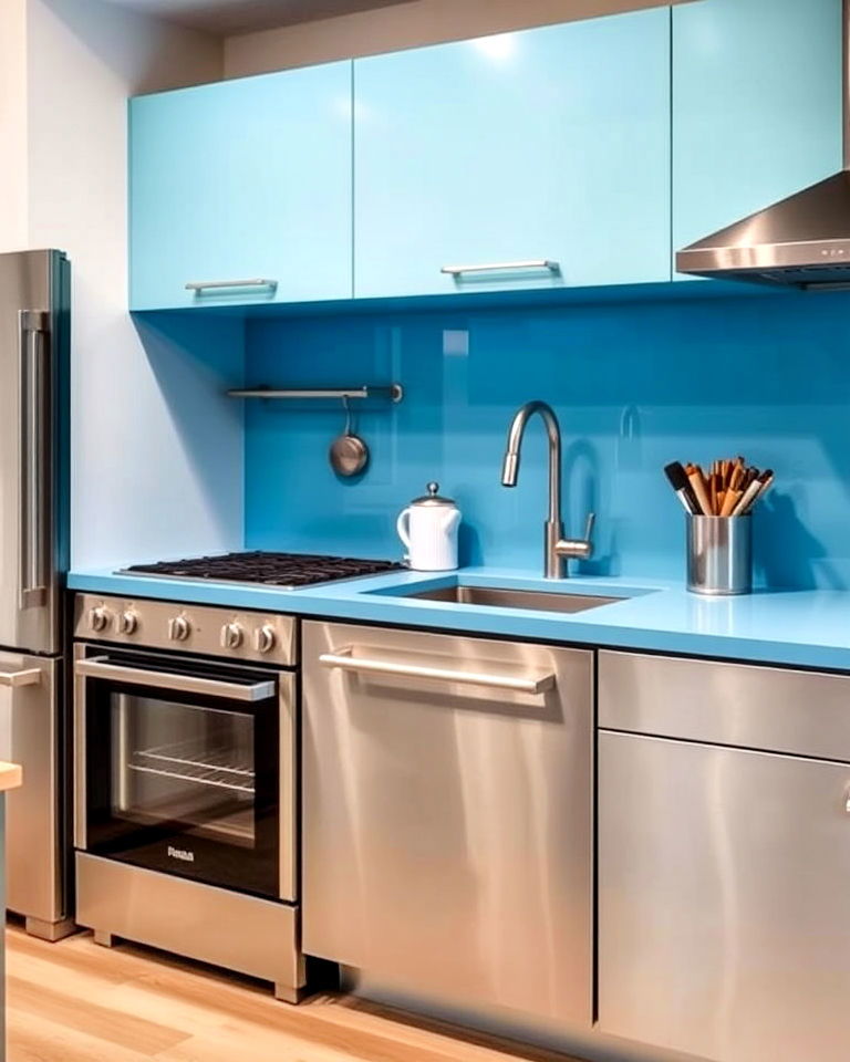 aqua blue solid surface counters and stainless steel accents - 20 Kitchens With Blue Countertops
