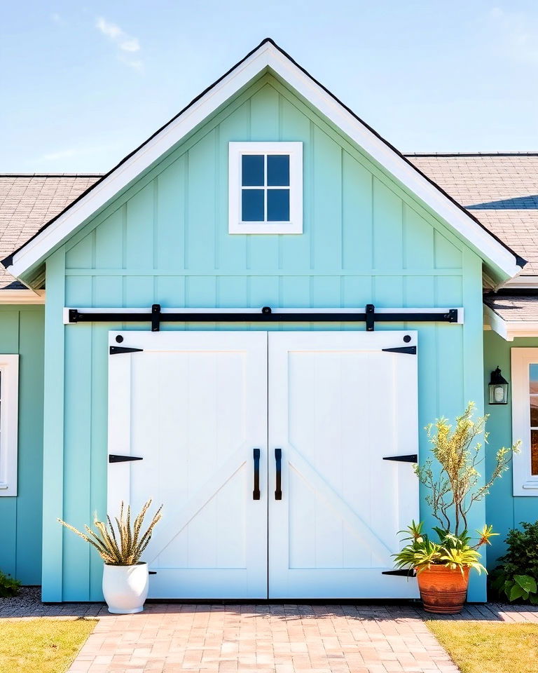 aqua green exterior and white barn doors - 25 Farmhouse Green Exterior Home Ideas