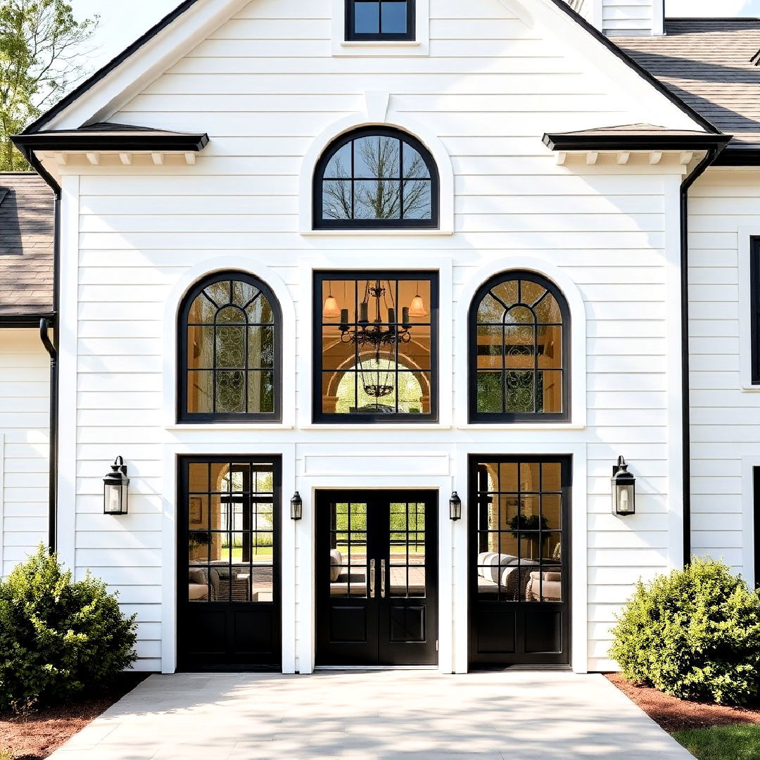 arched black windows for white farmhouse - 25 White Farmhouse With Black Windows Ideas