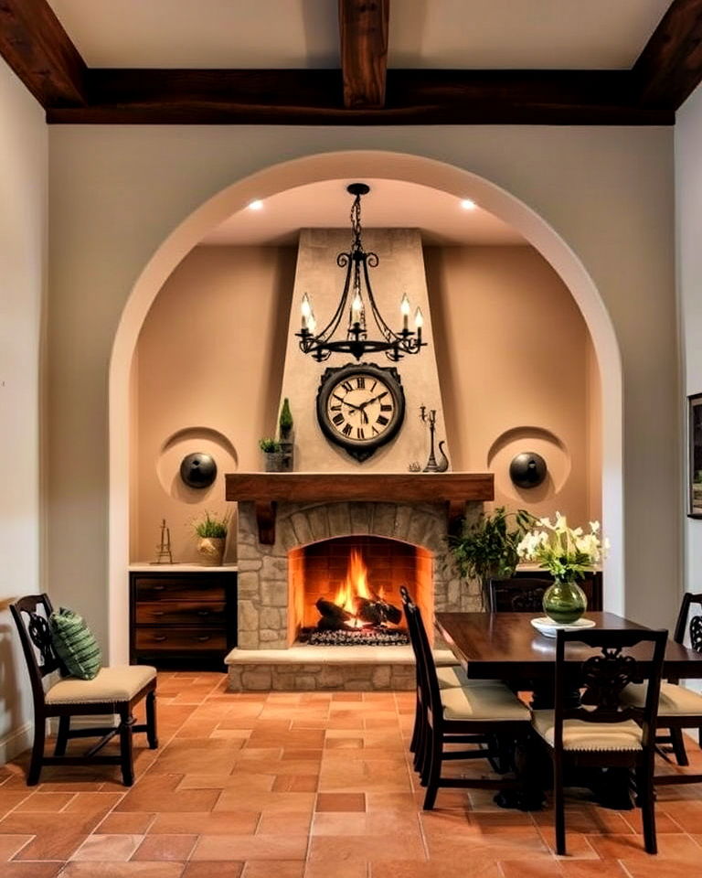 arched fireplace to add mediterranean flair - 30 Dining Rooms With Fireplaces