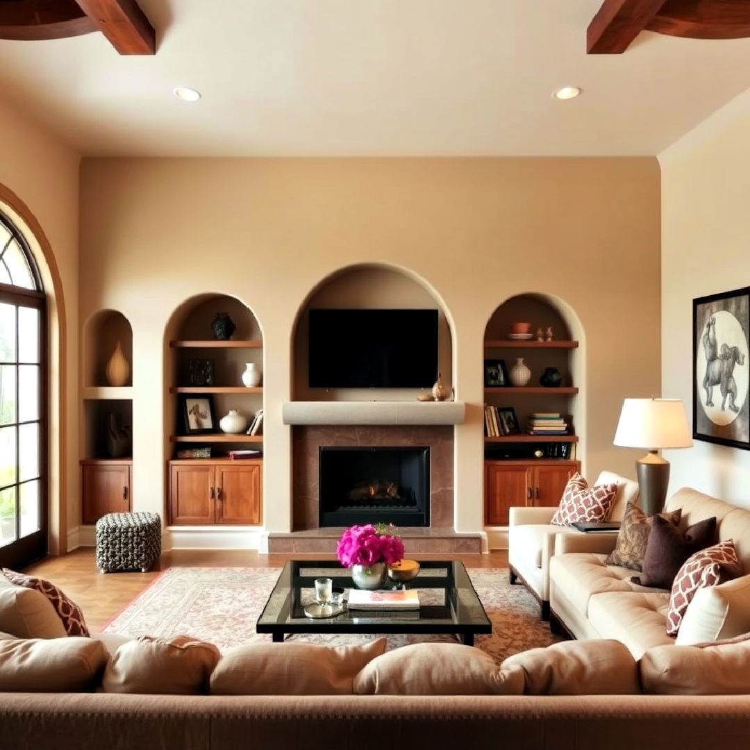 arched niches to display decorative items - 25 Spanish Style Living Room Ideas