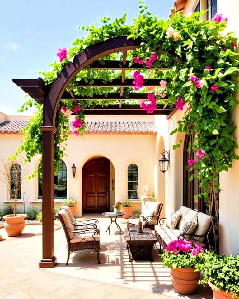 arched pergola for outdoor courtyard - 40 Spanish Style Home Exterior Ideas