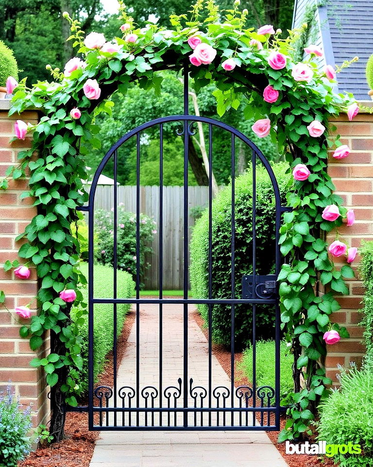 archway garden gate with climbing plants - 25 Metal Garden Gate Ideas