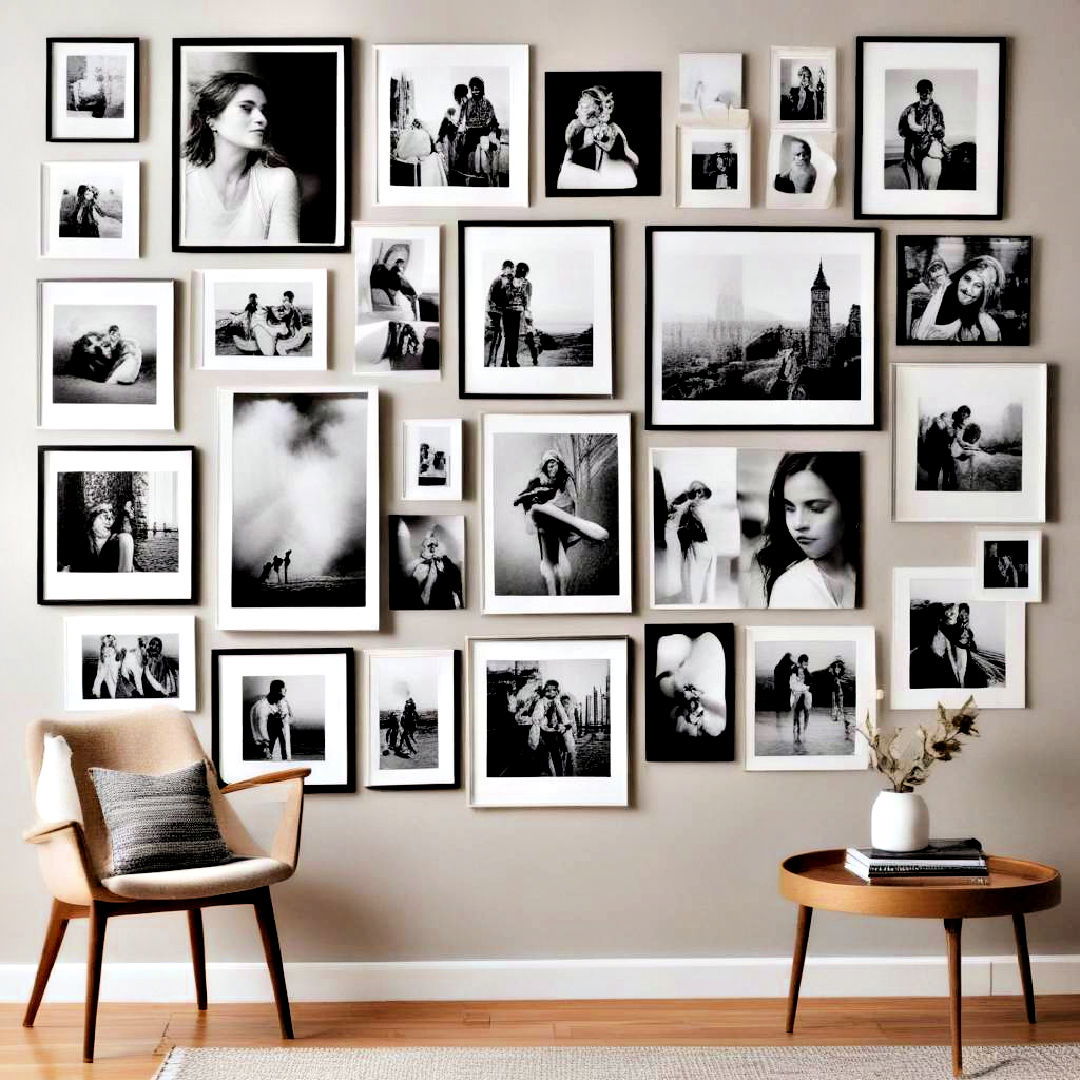arrange photos in asymmetrical pattern - 40 Photo Wall Ideas