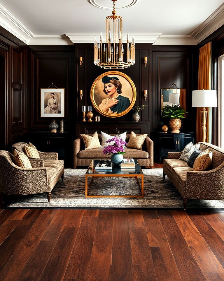 art deco living room with dark walnut flooring - 20 Dark Walnut Floors for Rooms