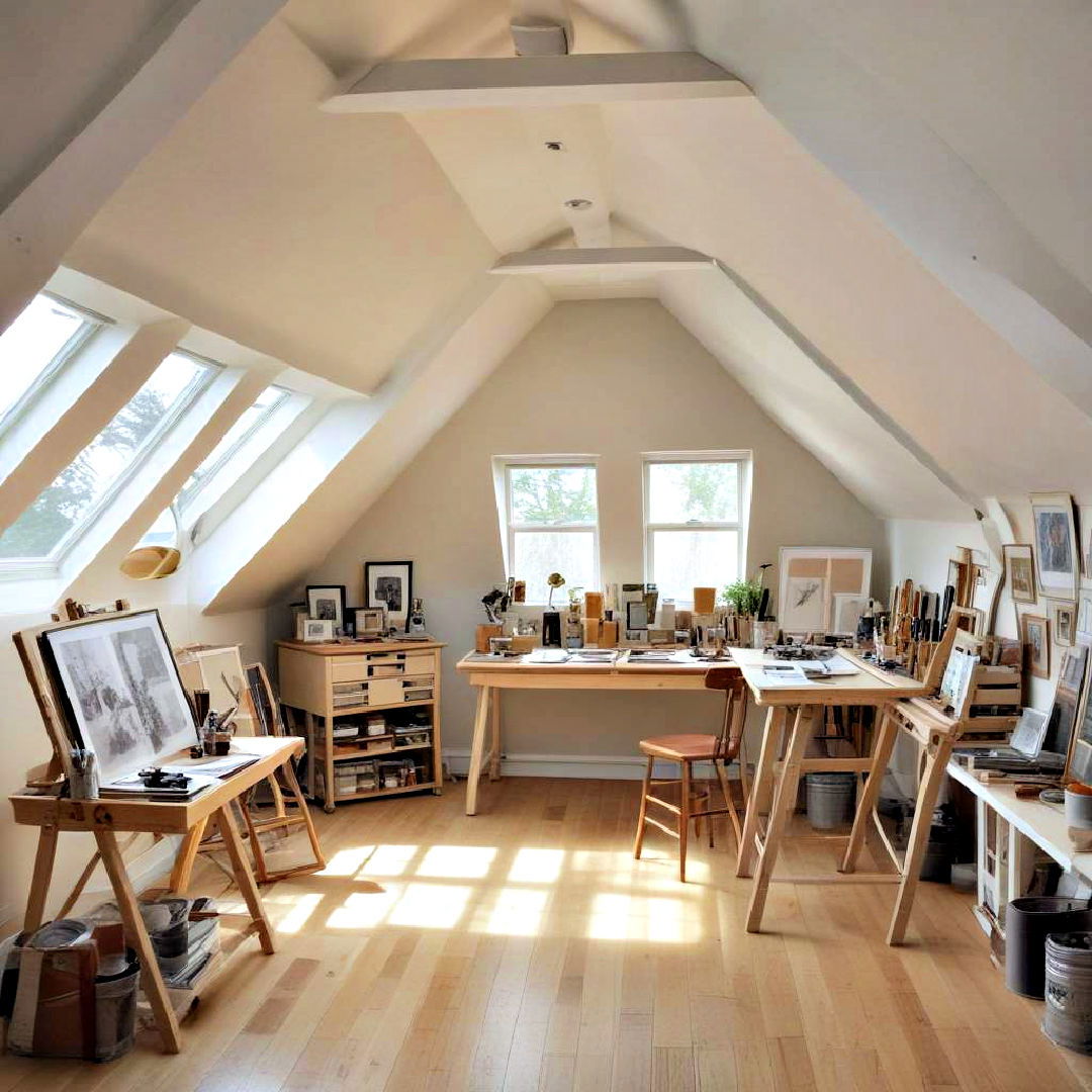 art studio in small attic room with low ceiling - 30 Low Ceiling Small Attic Room Ideas