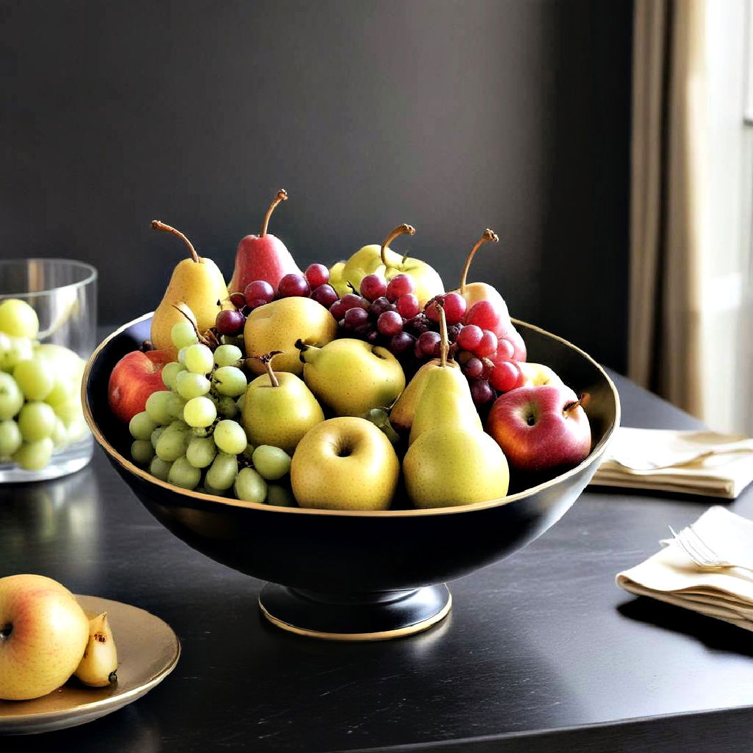artful fruit bowl for black and gold centerpiece - 20 Black and Gold Centerpiece Ideas