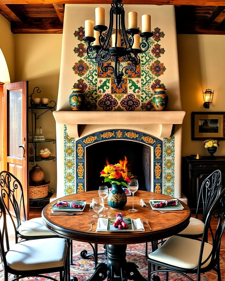 artisanal tile fireplace for mediterranean dining room - 30 Dining Rooms With Fireplaces