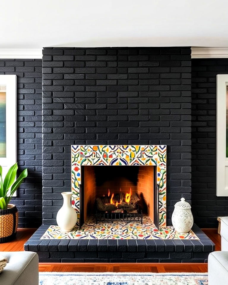 artistic black brick fireplace with mosaic inlays - 30 Black Brick Fireplace Ideas