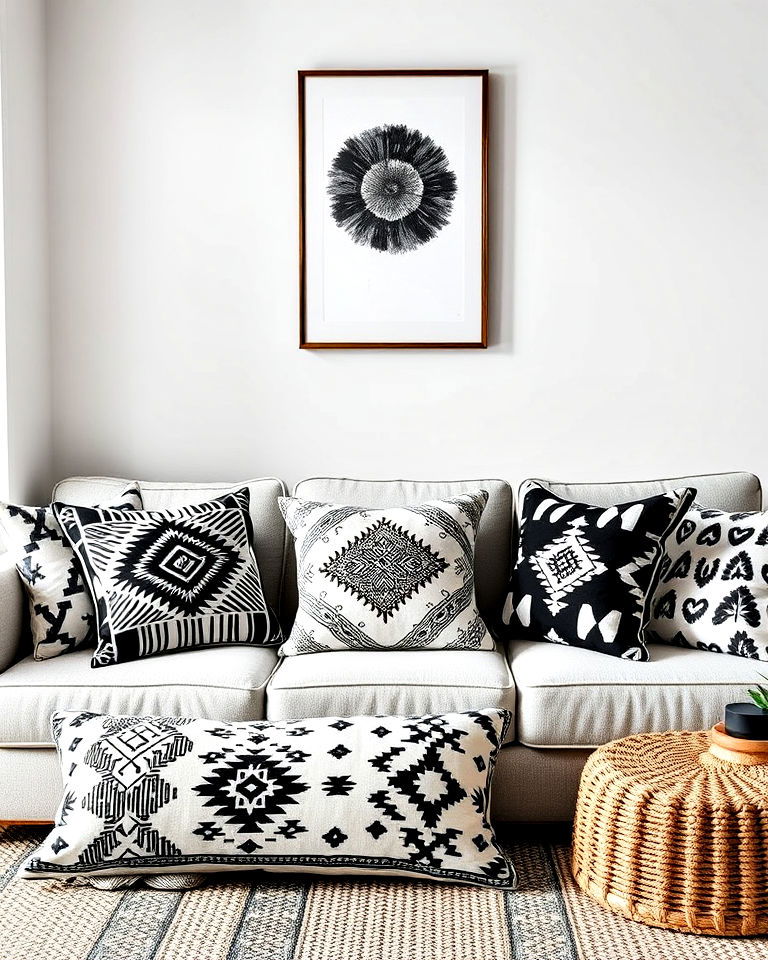 artistic boho spirit with geometric accent pillows - 20 Black and White Boho Living Room Ideas