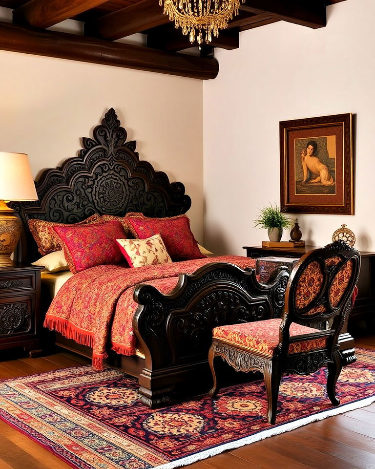 artistic carved wooden furniture - 20 Bohemian Moroccan Bedroom Ideas