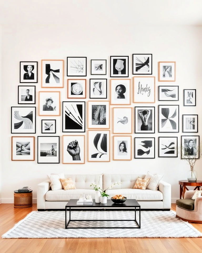 artistic gallery wall for high ceiling living room - 25 High Ceiling Living Room Ideas