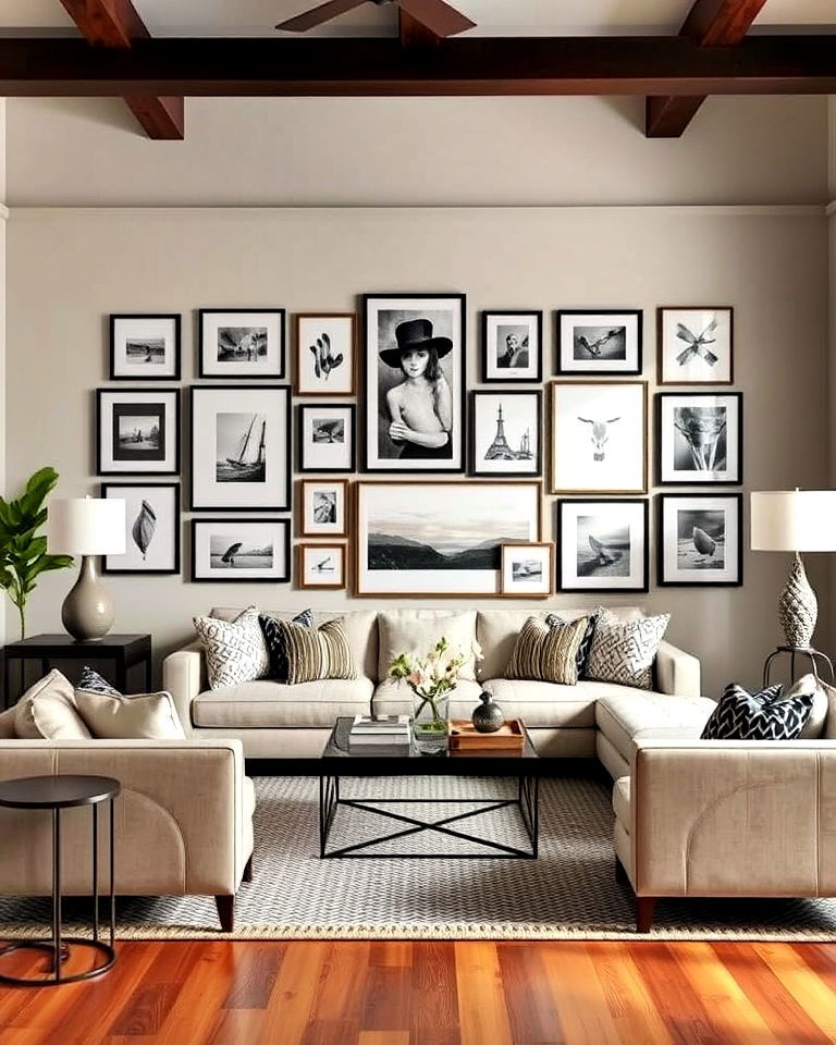 artistic gallery wall layout - 25 Living Room Layout Ideas