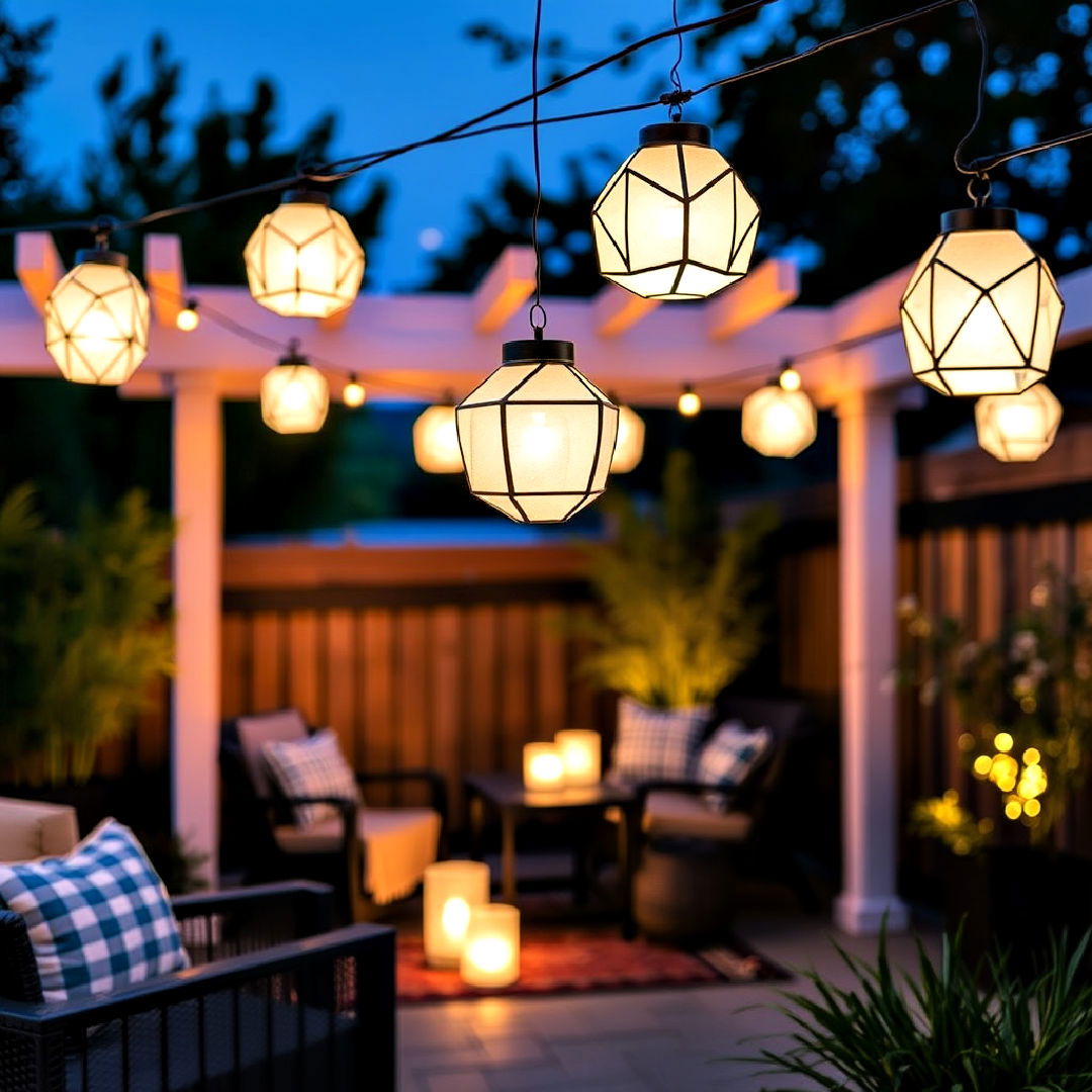 artistic geometric lantern lights - 40 Patio String Light Ideas