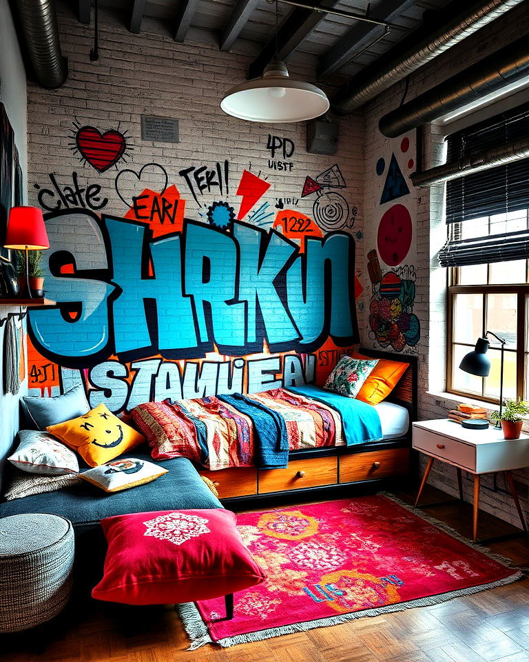 artistic graffiti inspired room - 40 Teenage Boy Bedroom Ideas