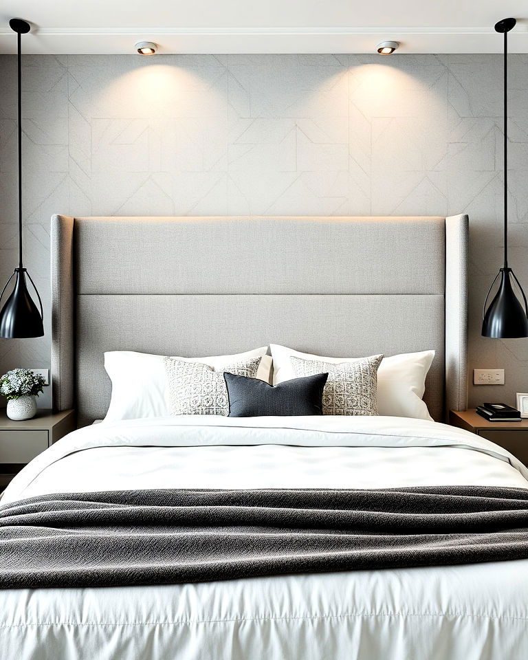 artistic grey headboard with geometric patterns - 25 Grey Headboard Bedroom Ideas