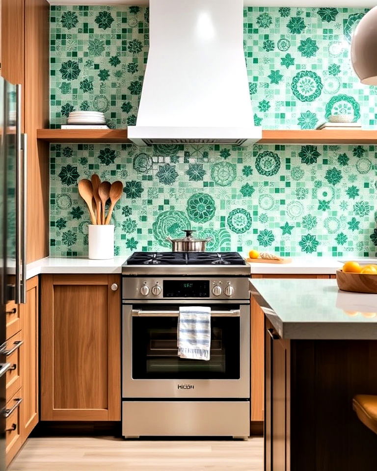 artistic mint green tile mosaics backsplash - 30 Mint Green Kitchen Ideas