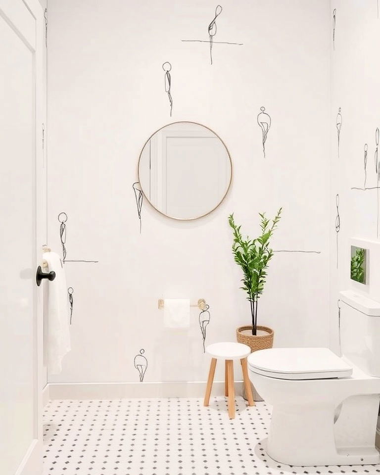 artistic monochrome sketches for bathroom - 30 Bathroom Wallpaper Ideas