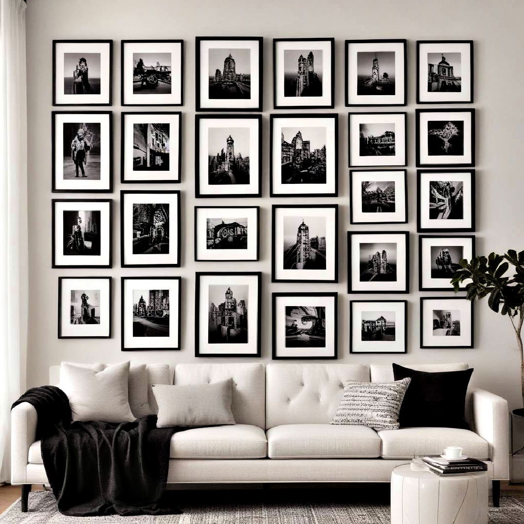 artistic monotone gallery wall - 30 Black and White Living Room Ideas