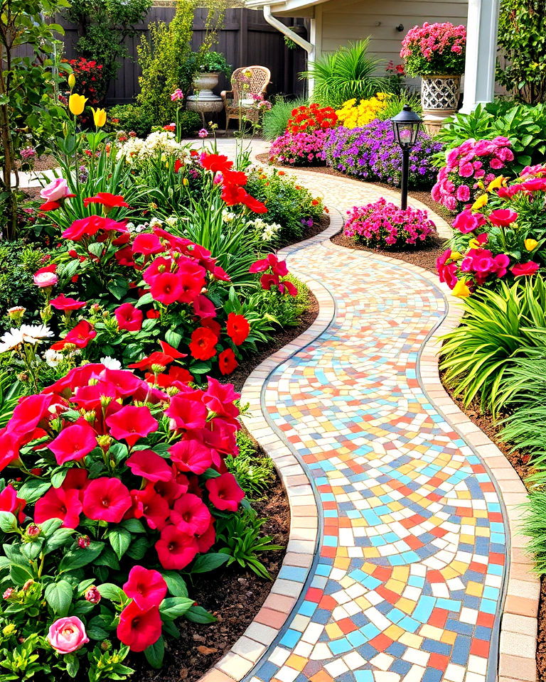 artistic mosaic tiled path with sweeping curves - 25 Curved Walkway Ideas
