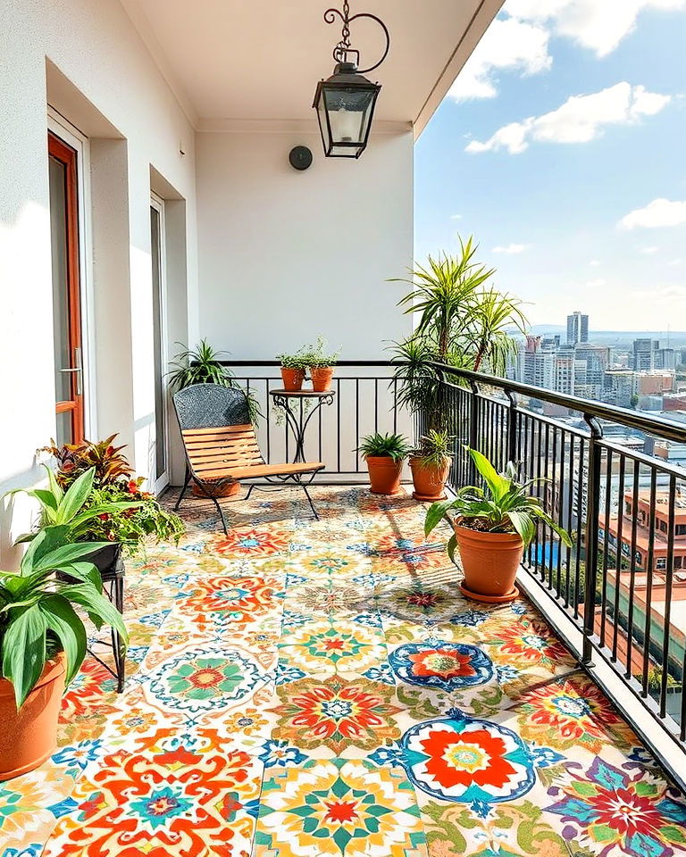 artistic mosaic tiles flooring - 25 Balcony Flooring Ideas