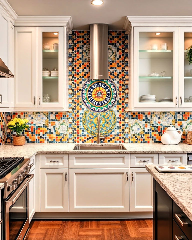 artistic mosaics backsplash for white cabinets - 40 Kitchen Backsplash Ideas for White Cabinets