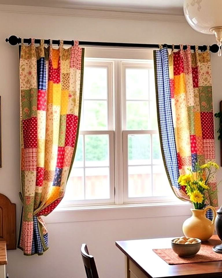 artistic patchwork curtains - 40 Farmhouse Window Treatment Ideas