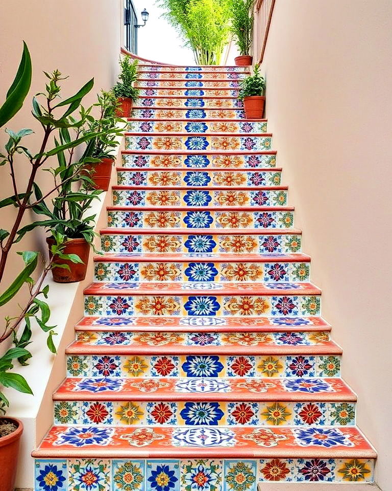 artistic tile mosaic staircase - 40 Spanish Style Home Exterior Ideas