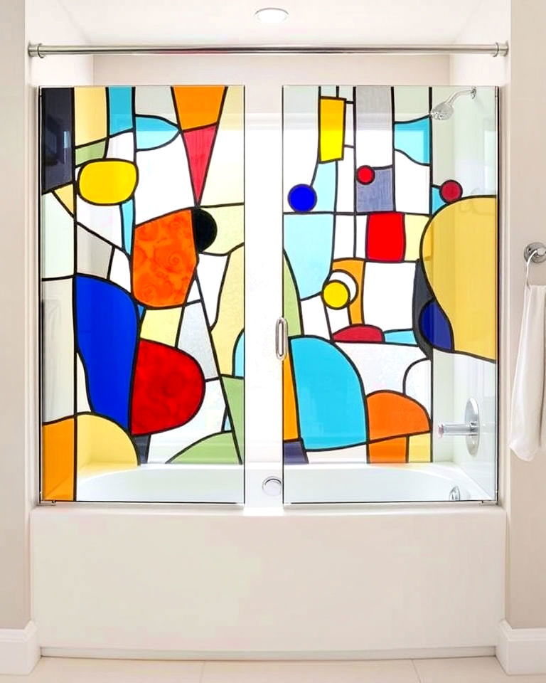 artistic vibe abstract stained glass tub enclosure - 20 Stained Glass Bathtub Ideas