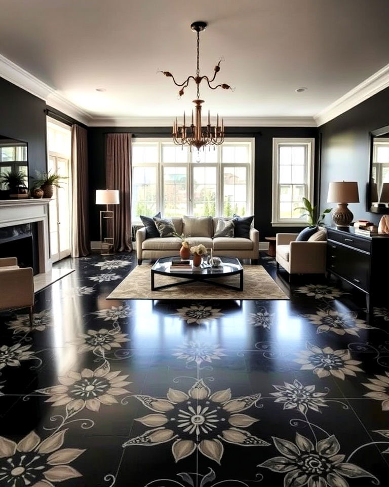 artistic vibe black floor with bold patterns - 25 Black Floor Living Room Ideas