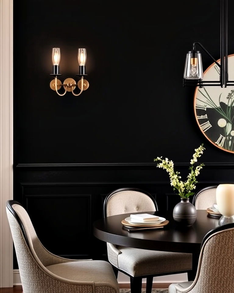 artistic wall sconces on black accent wall - 20 Black Accent Wall Dining Room Ideas