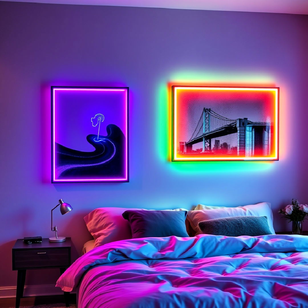 artwork framed with neon lighting - 30 Neon Bedroom Ideas