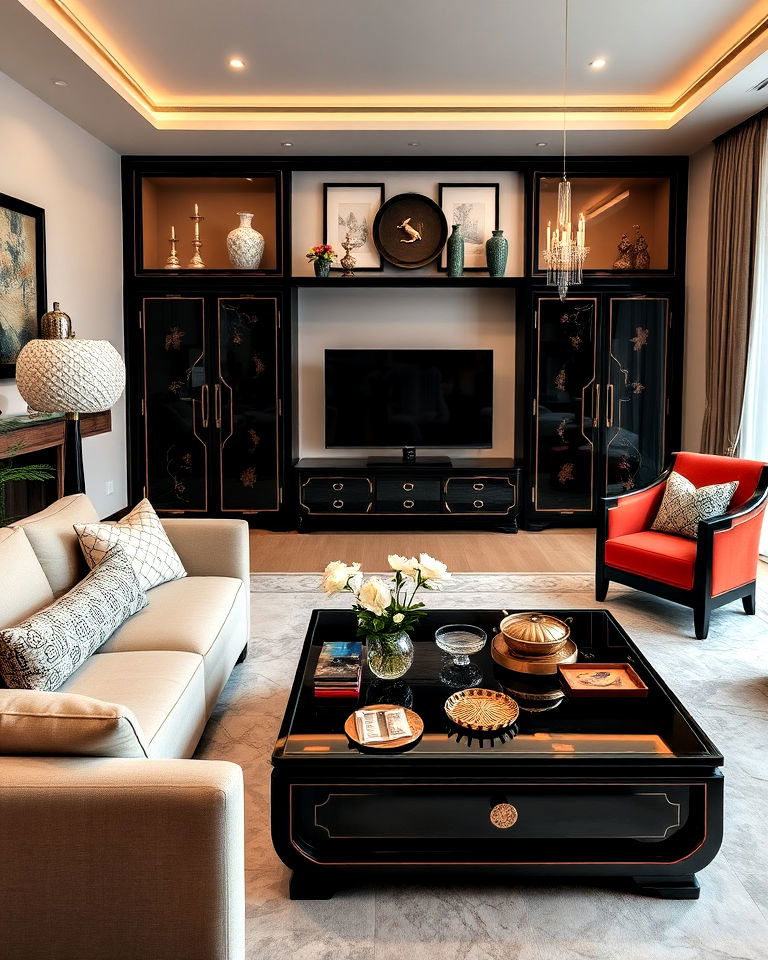 asian inspired lacquered furniture - 25 Asian Living Room Ideas