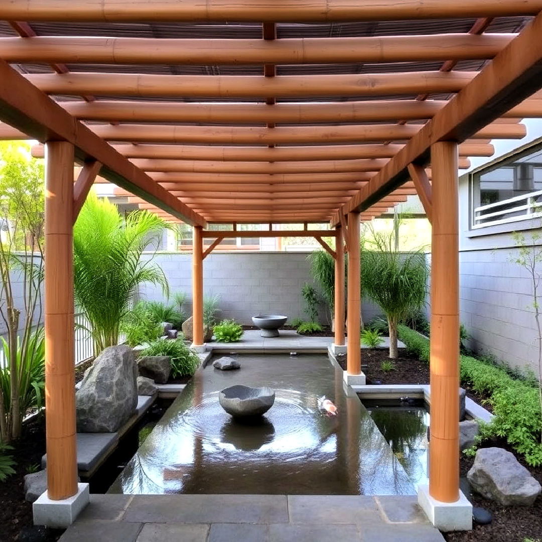 asian inspired patio pergola with bamboo and water features - 40 Patio With a Pergola Ideas