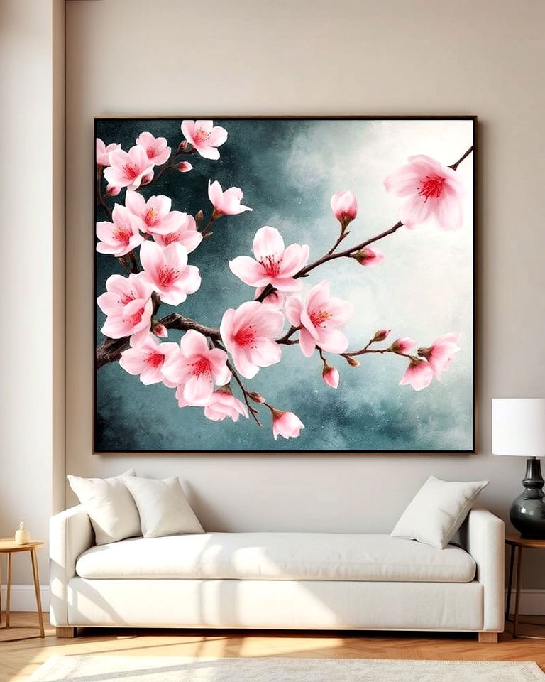asian living room with cherry blossom artwork - 25 Asian Living Room Ideas