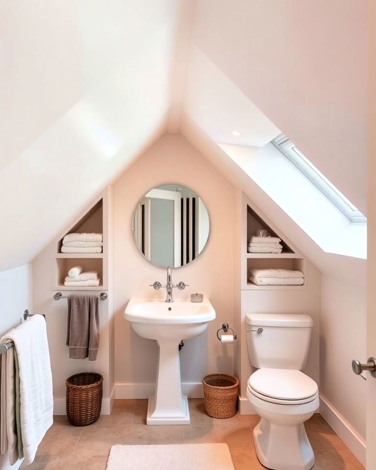 attic bathroom with built in storage solution - 15 Sloped Ceiling Attic Bathroom Ideas