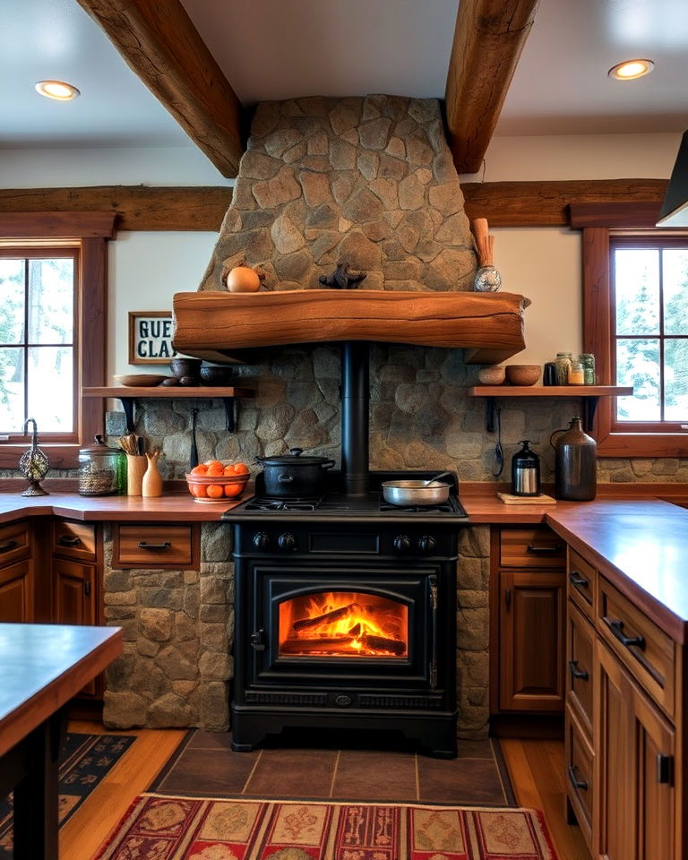 authentic wood burning stove - 20 Mountain House Kitchen Ideas