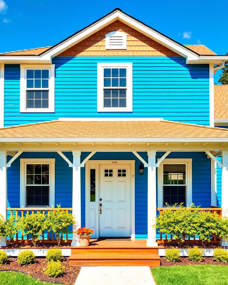 azure blue siding with light oak roof - 25 Blue Exterior Home With a Brown Roof Ideas