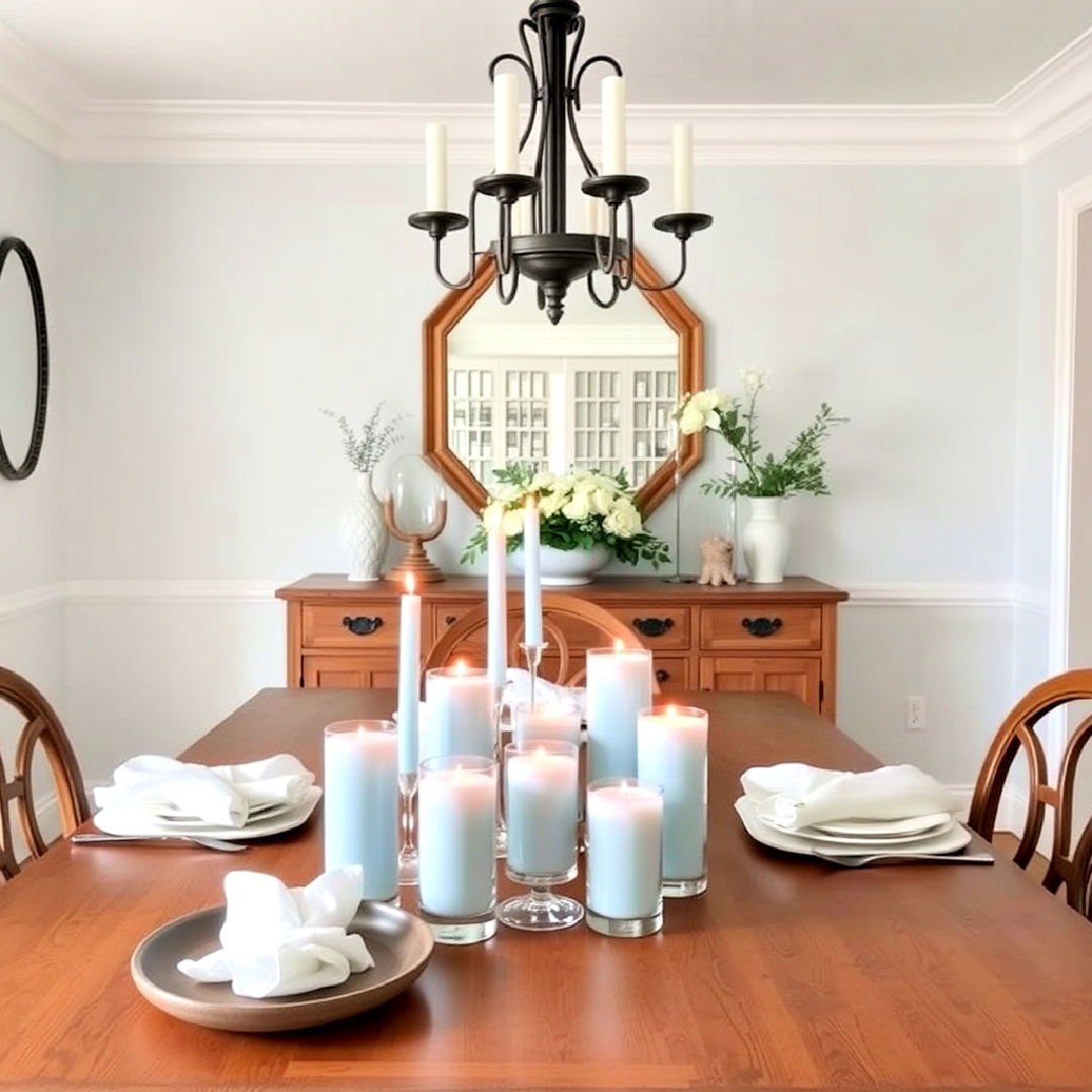 baby blue candles as centerpiece - 40 Blue Dining Room Ideas