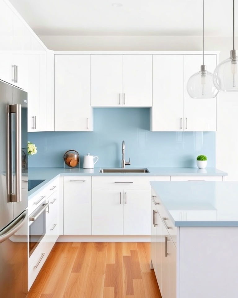 baby blue countertops with glossy white kitchen cabinets - 20 Kitchens With Blue Countertops