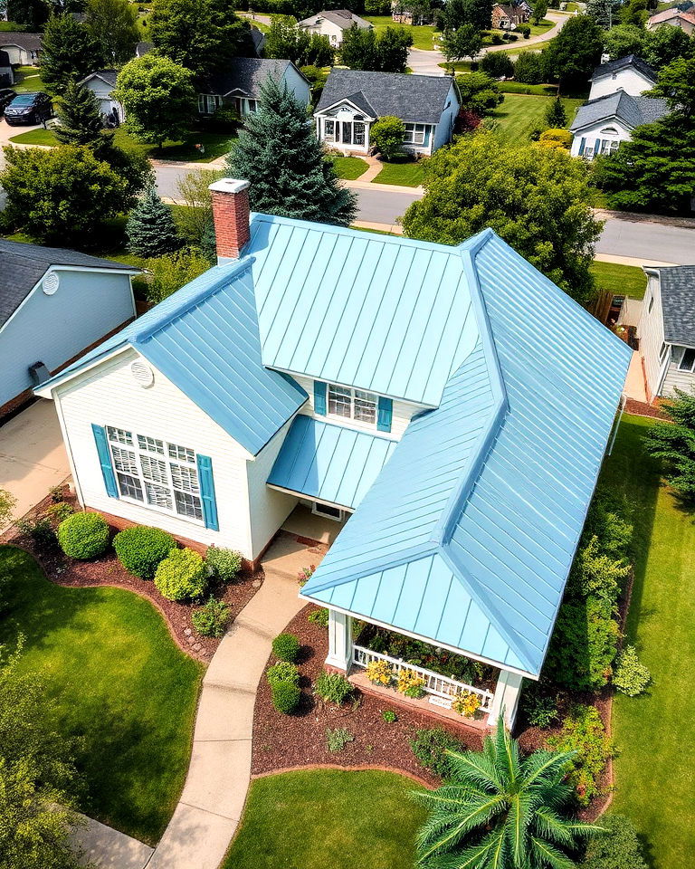 baby blue metal roof for suburban home - 25 Houses With Blue Metal Roofs